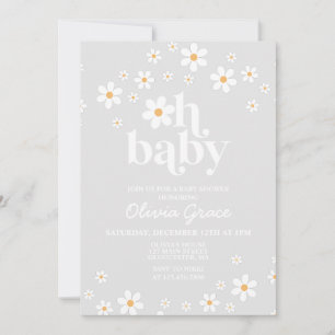 Daisy Retro Grått Blommigt Baby Shower-inbjudan fö Inbjudningar