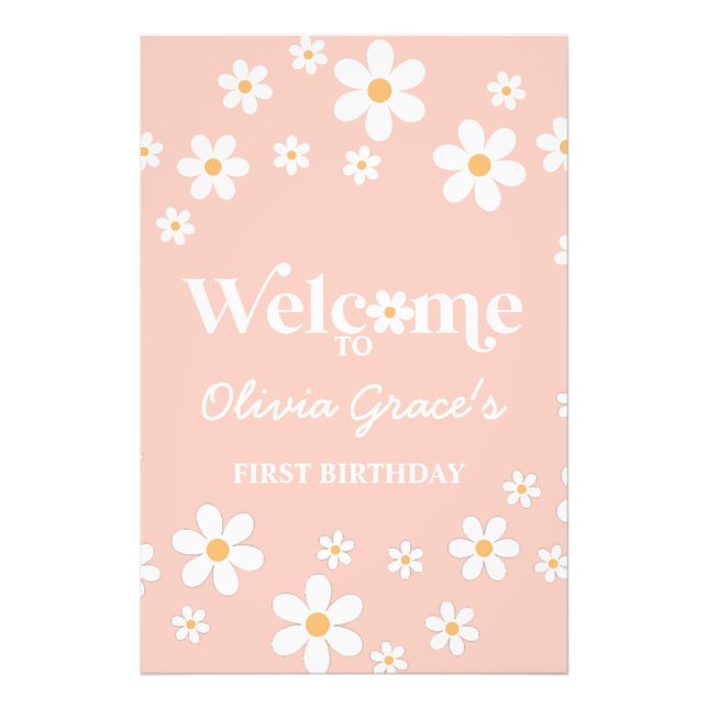 Daisy Retro Rosa - första födelsedag Välkommen Fototryck (Framsidan)