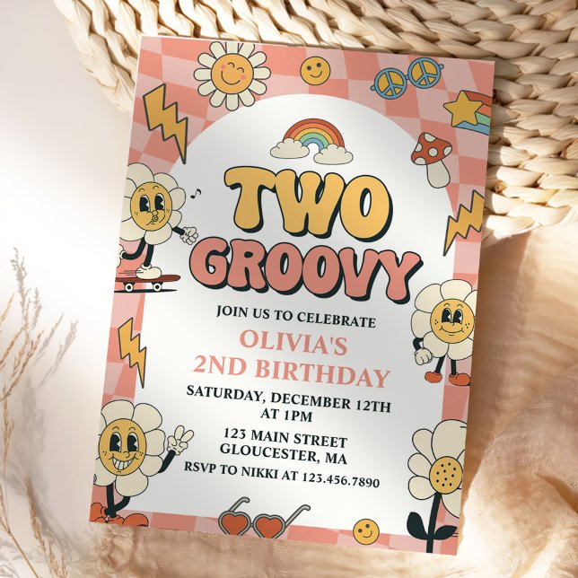 Daisy & Retro Van Rosa Två Groovy 2:a födelsedagen Inbjudningar (Skapare uppladdad)