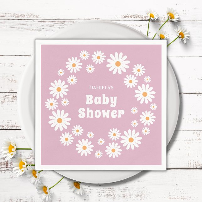 Daisy Rosa av utandning Groovy Retro Baby Shower Pappersservett (daisy baby girl shower napkins pink daisy wreath daisies flower power)