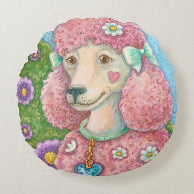 DAISY Rosa Pudel ROUND PILLOW Rund Kudde (Framsidan)