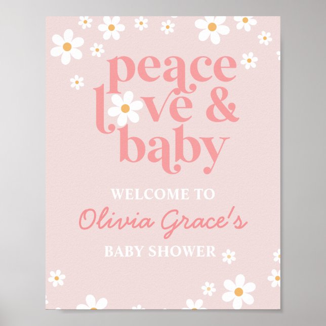 Daisy Rosa Retro Fredskärlek Baby Shower Välkommen Poster (Framsidan)