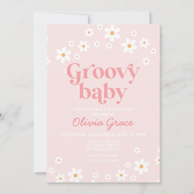 Daisy Rosa Retro Groovy Baby Shower Inbjudan (Framsida)
