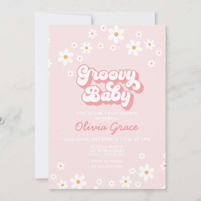 Daisy Rosa Retro Groovy Baby Shower Inbjudan (Framsida)
