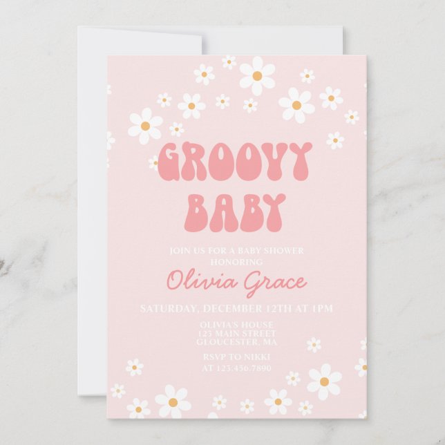 Daisy Rosa Retro Groovy Baby Shower Inbjudan (Framsida)