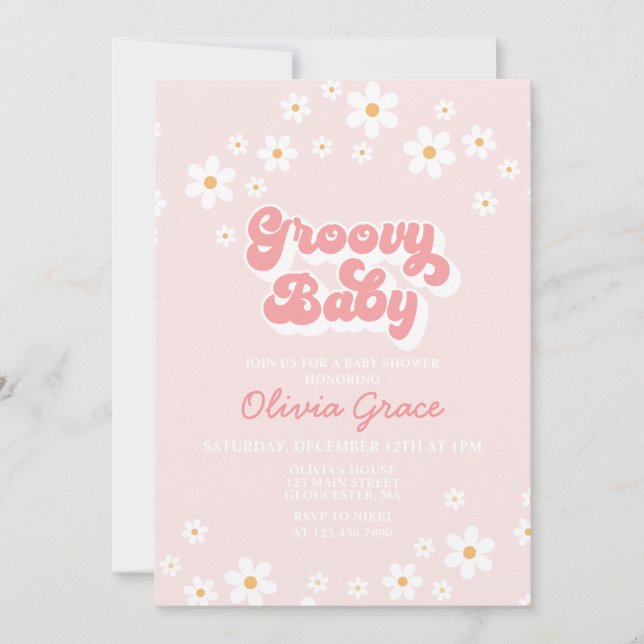 Daisy Rosa Retro Groovy Baby Shower Inbjudan (Framsida)