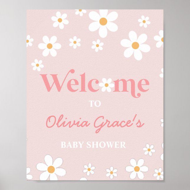 Daisy Rosa Retro Peace Kärlek Baby Shower Välkomme Poster (Framsidan)