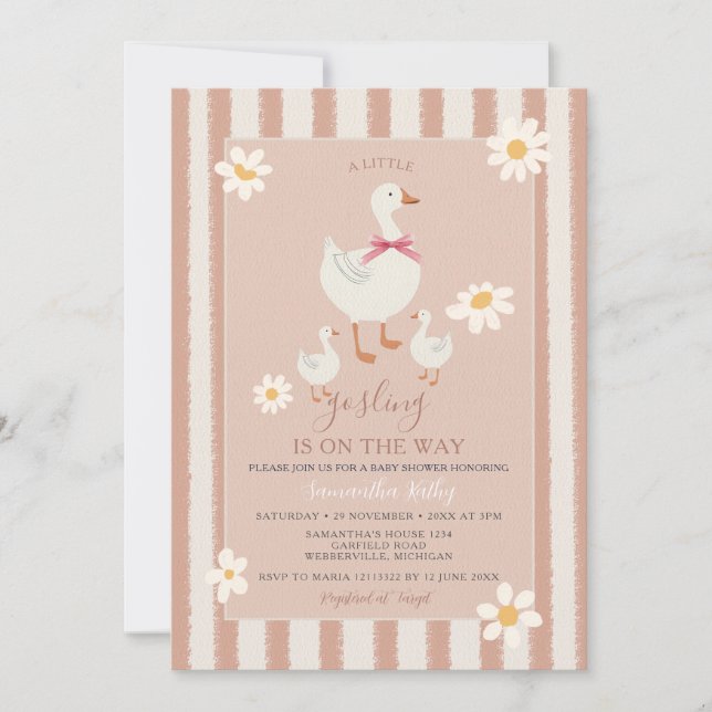 Daisy Rosa Stripe Cute Little Gosling Baby Shower Inbjudningar (Framsida)