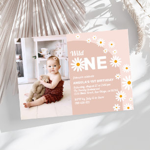Daisy rosa vild en Flicka 1:a födelsedagsfoto Inbjudningar