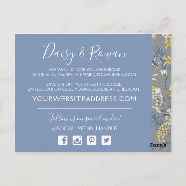 Daisy Rowan Navy & Gult Botanical Tack Vykort (Baksida)