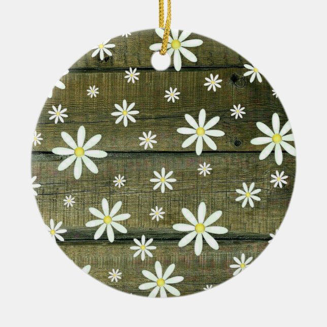 Daisy Rustic Barn Board Daisy Flower Julgransprydnad Keramik (Framsidan)