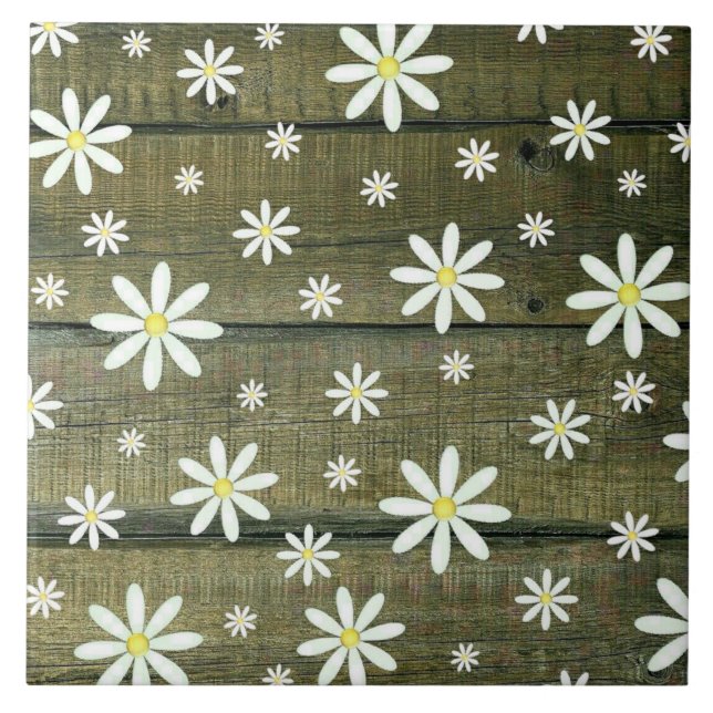 Daisy Rustic Barn Board Daisy Flower Kakelplatta (Framsidan)