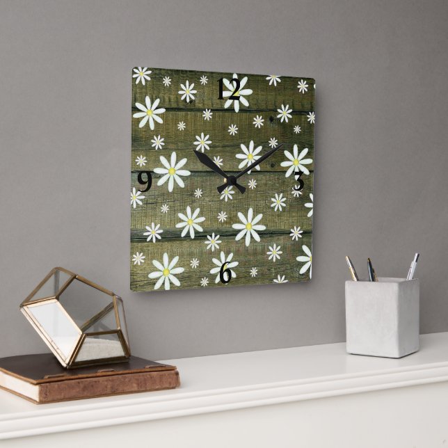 Daisy Rustik Barn Board Daisy Flower Square Wall Fyrkantig Klocka (Kontor)