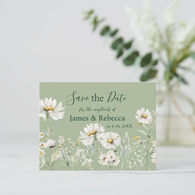 Daisy Sage & Botanical Wedding Save the Date Vykort (Stående Fram)