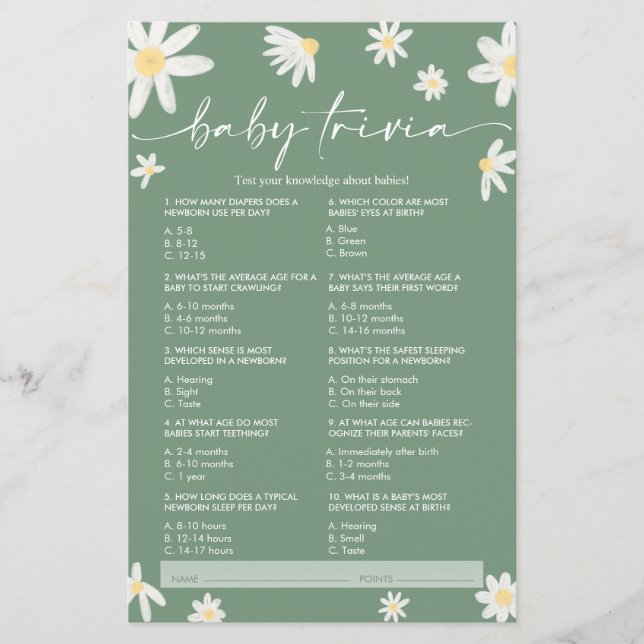 Daisy Sage Grönt Baby Trivia, babyvisningsspel (Framsida)