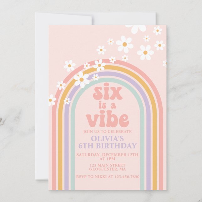 Daisy sex är en Vibe Pastel regnbåge 6e födelsedag Inbjudningar (Framsida)