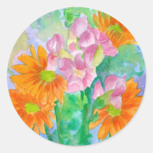Daisy Snapdragons Watercolor Orange Rosa Flowers Runt Klistermärke