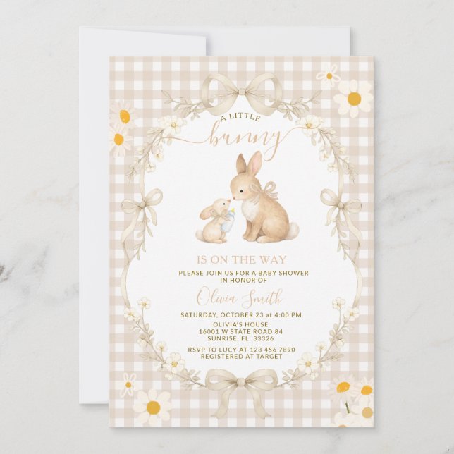 Daisy Spring Neutral Gingham Kanin Bebis Shower Inbjudningar (Framsida)