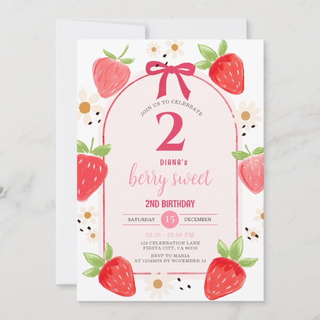 Daisy Strawberry Second Birthday Party Invite Inbjudningar (Framsida)