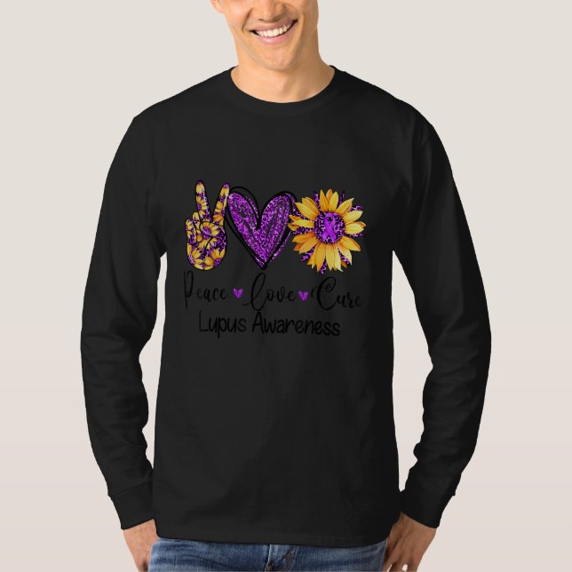 Daisy Sunflower Peace Love Cure Purple Lupus Aware T Shirt (Framsida)