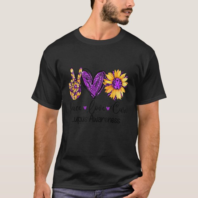 Daisy Sunflower Peace Love Cure Purple Lupus Aware T Shirt (Framsida)