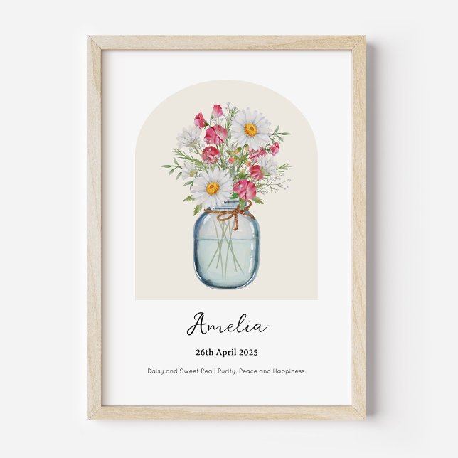 Daisy Sweet Pea Födelsemånad Blomma Affisch (Personalised April Birth Month Flower Bouquet in Vase Poster | Daisy and Sweet Pea.)
