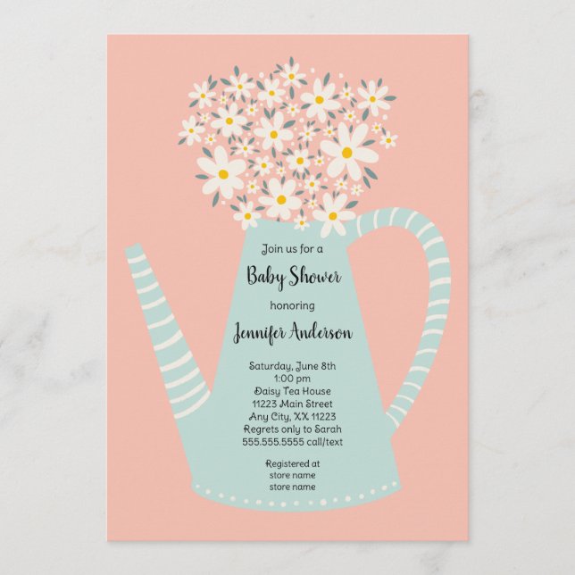 Daisy Teapot Baby Shower Invitation Inbjudningar (Framsida)