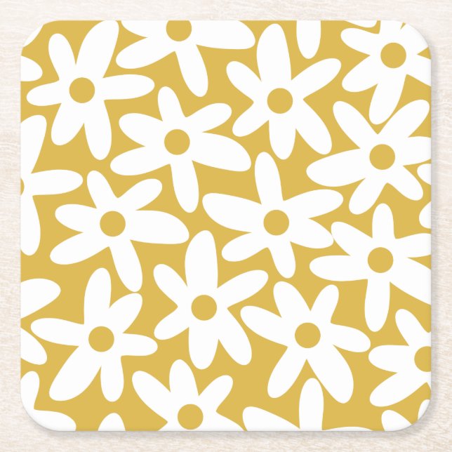 Daisy Time Cute Retro Modern Flowers i Mustard Underlägg Papper Kvadrat (Framsidan)