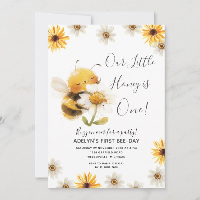 Daisy Vår lilla honungsbin 1:a födelsedagen: Solbl Inbjudningar (Framsida)