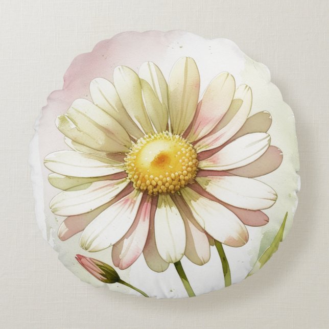 Daisy Vattenfärgsblomma Modern Professionell Rund Kudde (Framsidan)