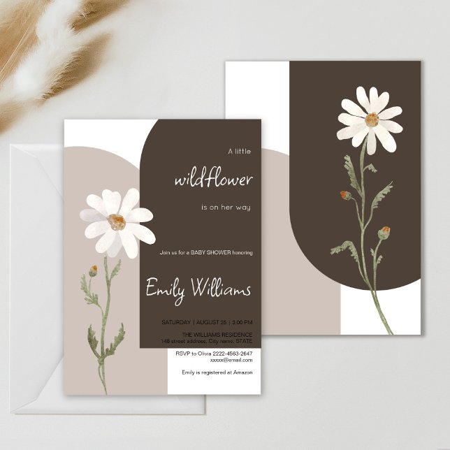 Daisy vattenfärgsminimalistisk babydusch inbjudningar (Daisy wildflower watercolor baby in bloom floral shower invitation in brown colors, rustic, boho)