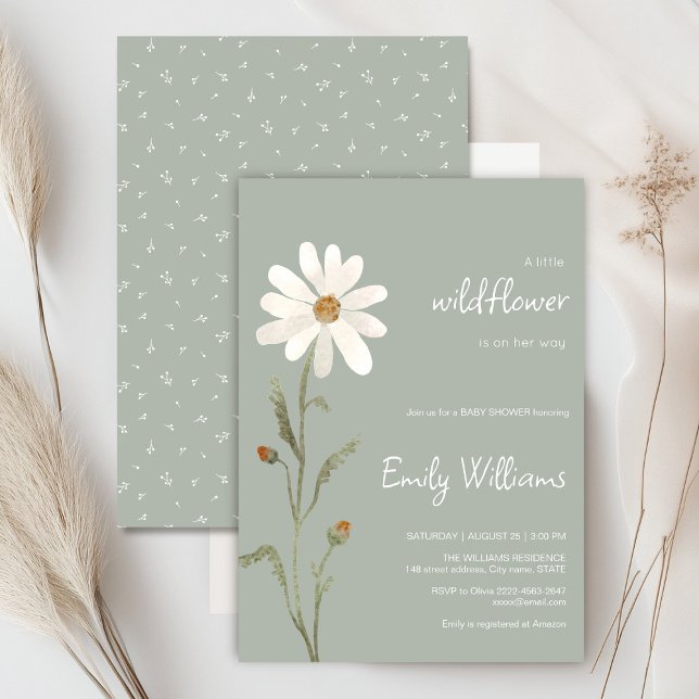 Daisy vattenfärgsminimalistisk babydusch inbjudningar (Daisy wildflower watercolor baby in bloom floral shower invitation in sage colors, rustic, boho)