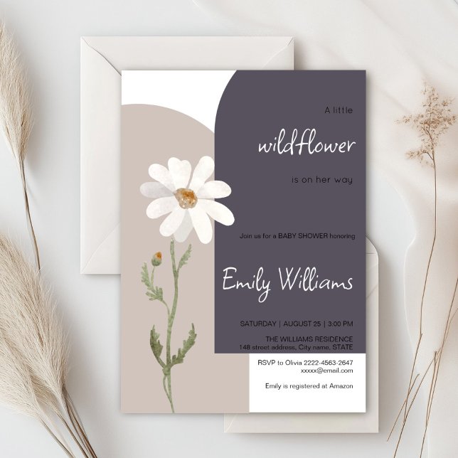 Daisy vattenfärgsminimalistisk babydusch inbjudningar (Daisy wildflower watercolor baby in bloom floral shower invitation in purple colors, rustic, boho)