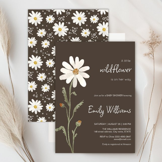 Daisy vattenfärgsminimalistisk babydusch inbjudningar (Daisy wildflower watercolor baby in bloom floral shower invitation in brown colors, rustic, boho)