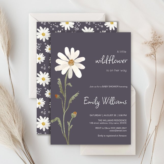 Daisy vattenfärgsminimalistisk babydusch inbjudningar (Daisy wildflower watercolor baby in bloom floral shower invitation in purple colors, rustic, boho)