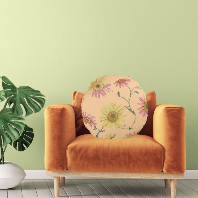 Daisy Vild blomma Rosa och Gult Mönster på Rund Kudde (Skapare uppladdad)