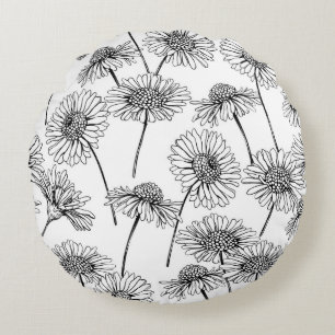 Daisy, vild blommor i svartvitt rund kudde