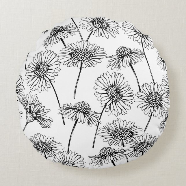 Daisy, vild blommor i svartvitt rund kudde (Framsidan)