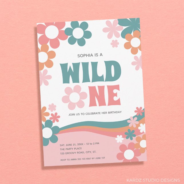 Daisy Vild en flicka 1:a födelsedagsinbjudan Inbjudningar (1st Birthday Party Girl, Wild One Theme, personalized invitation. Retro Daisies with trendy colors)