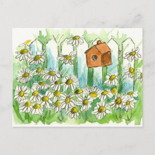 Daisy Watercolor Flowers Bird House Vykort