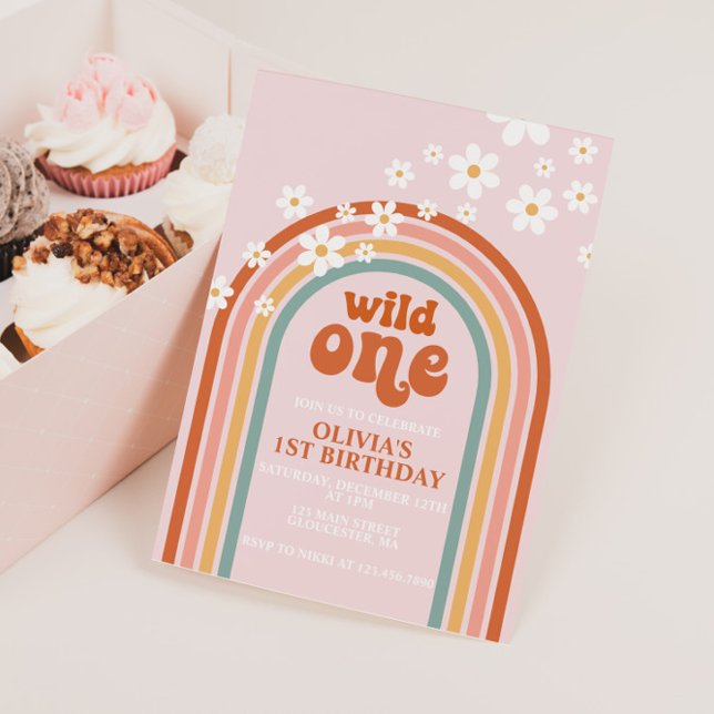 Daisy Wild One boho blommig regnbåge första födels Inbjudningar (Skapare uppladdad)