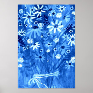 Daisy Wildblomma Bouquet Painting Blue Art Poster