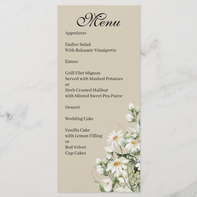 Daisy Wildflower Boho Wedding Menu Meny (Framsida)
