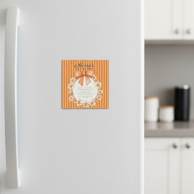 Daisy Wreath Orange Stripe Birthday Thin Magnetic  Magnetisk Inbjudningskort (Skapare uppladdad)
