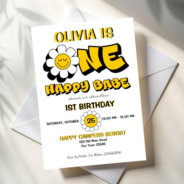 Daisyn 1:a födelsedag party inbjudningar (One happy babe retro groovy daisy girls 1st birthday party invitation template yellow and black)