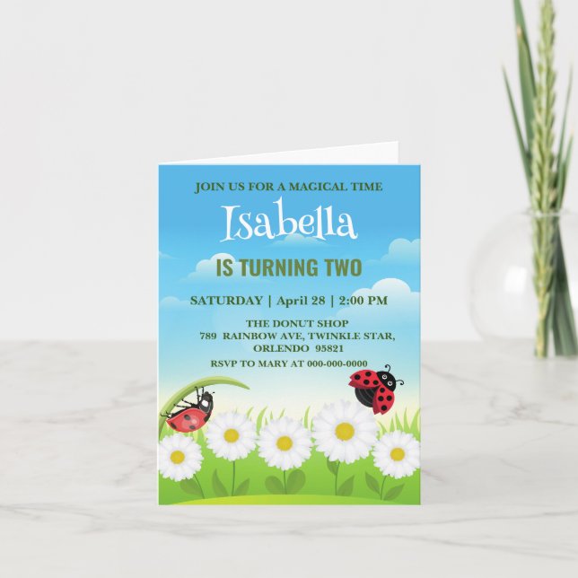 Daisyn Flower Birthday, Cute Red Polka dot Ladybug Inbjudan (Framsida)
