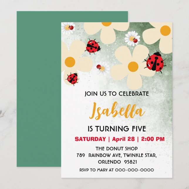 Daisyn Flower Birthday, Cute Red Polka dot Ladybug Inbjudningar (Fram/baksida)