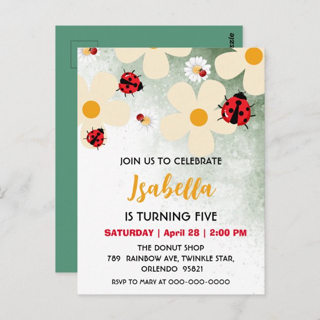 Daisyn Flower Birthday, Cute Red Polka dot Ladybug Vykort (Fram/baksida)