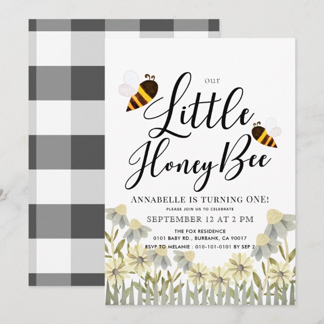 Daisyn Little honey Bee 1:a födelsedagen Inbjudningar (Fram/baksida)