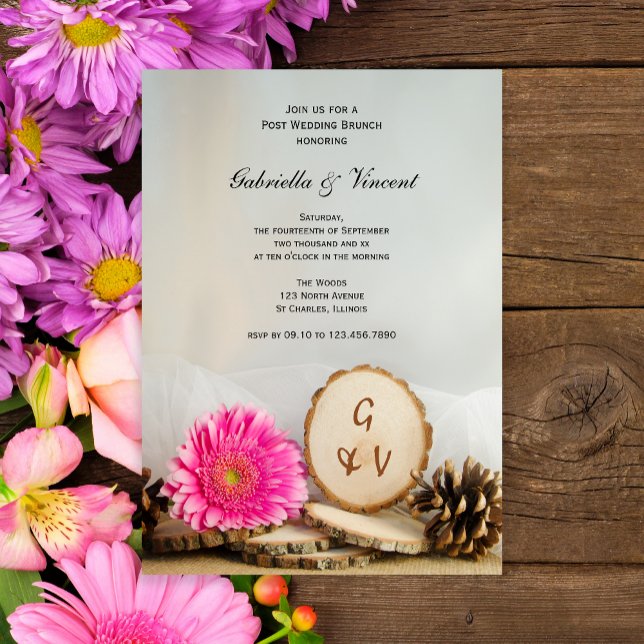 Daisyn Rustit Rosa Natural Wood Post Bröllop Brunc Inbjudningar (Skapare uppladdad)